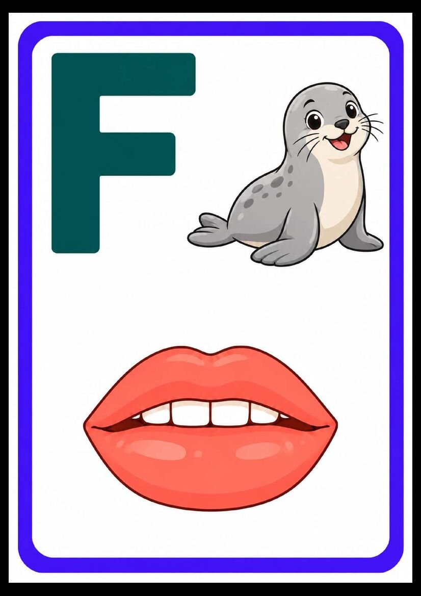 Alfabeto das boquinhas letra F com foca cinza e dentes aparentes